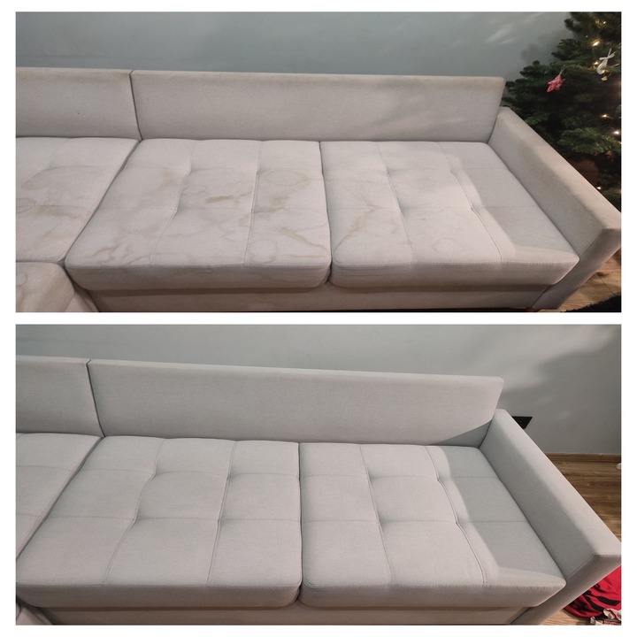 jasna kanapa, z widocznym efektem prania tapicerki. 